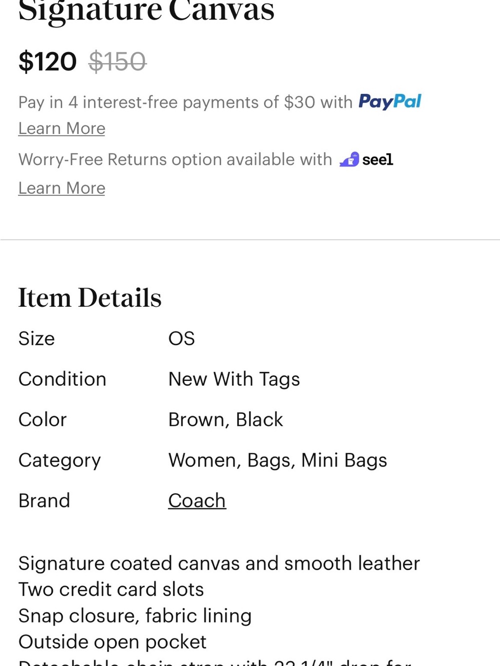 Coach Signature Mini Wallet on Gold Chain Brown/Black Canvas with Gold Logo - Picture 5 of 12